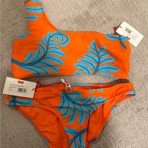 NEVER WORN Orange and Blue Leaf Print Bikini